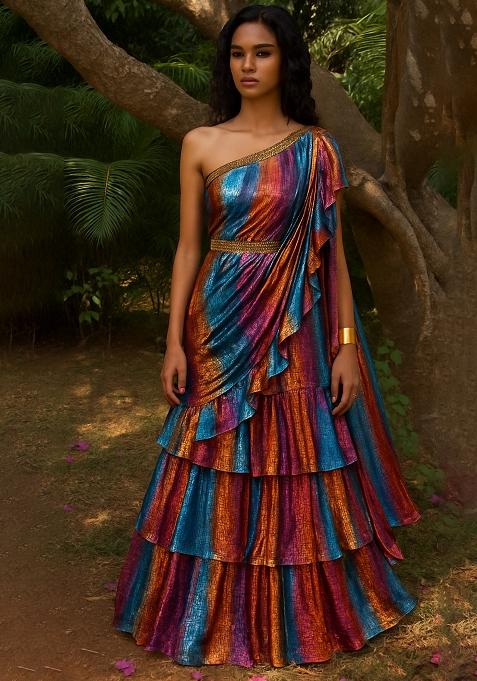 Multicolor Organza Jacquard One Shoulder Gown