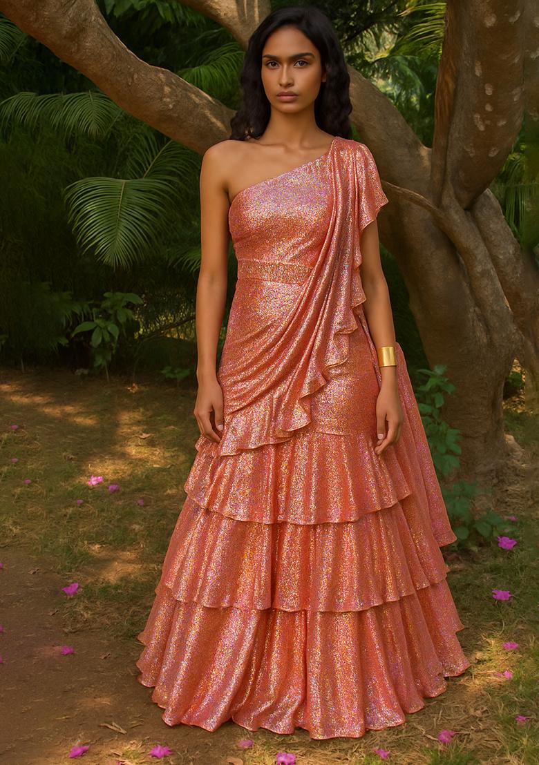 Pink Georgette Sequin One Shoulder Gown