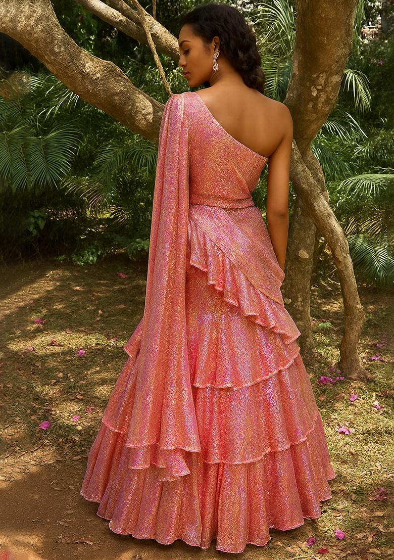 Pink Georgette Sequin One Shoulder Gown - Indya