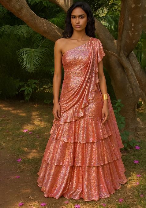 Pink Georgette Sequin One Shoulder Gown