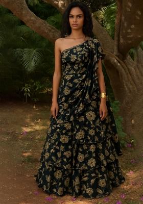 Black Georgette Floral Printed One Shoulder Gown