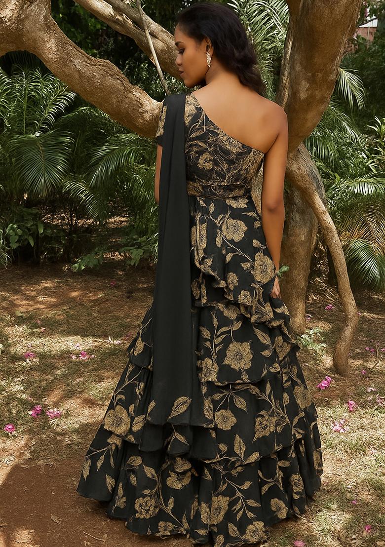 Black Georgette Floral Printed One Shoulder Gown - Indya