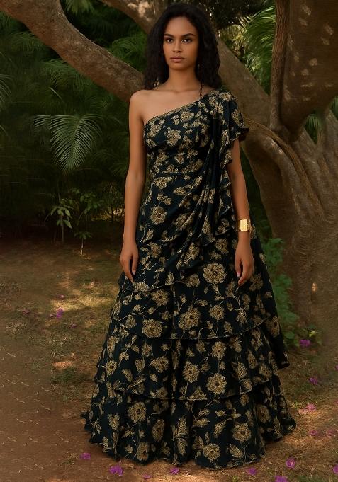Black Georgette Floral Printed One Shoulder Gown
