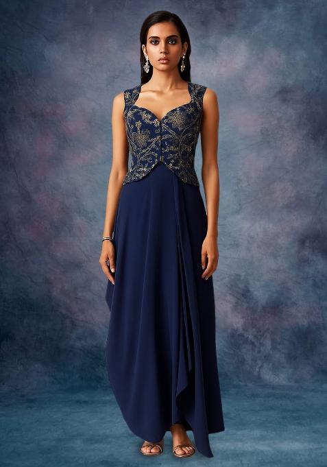 Blue Embroidered Georgette Fusion Set