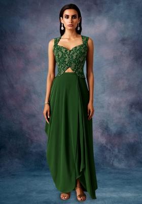 Green Embroidered Georgette Fusion Set