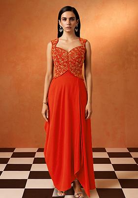 Red Embroidered Georgette Fusion Set