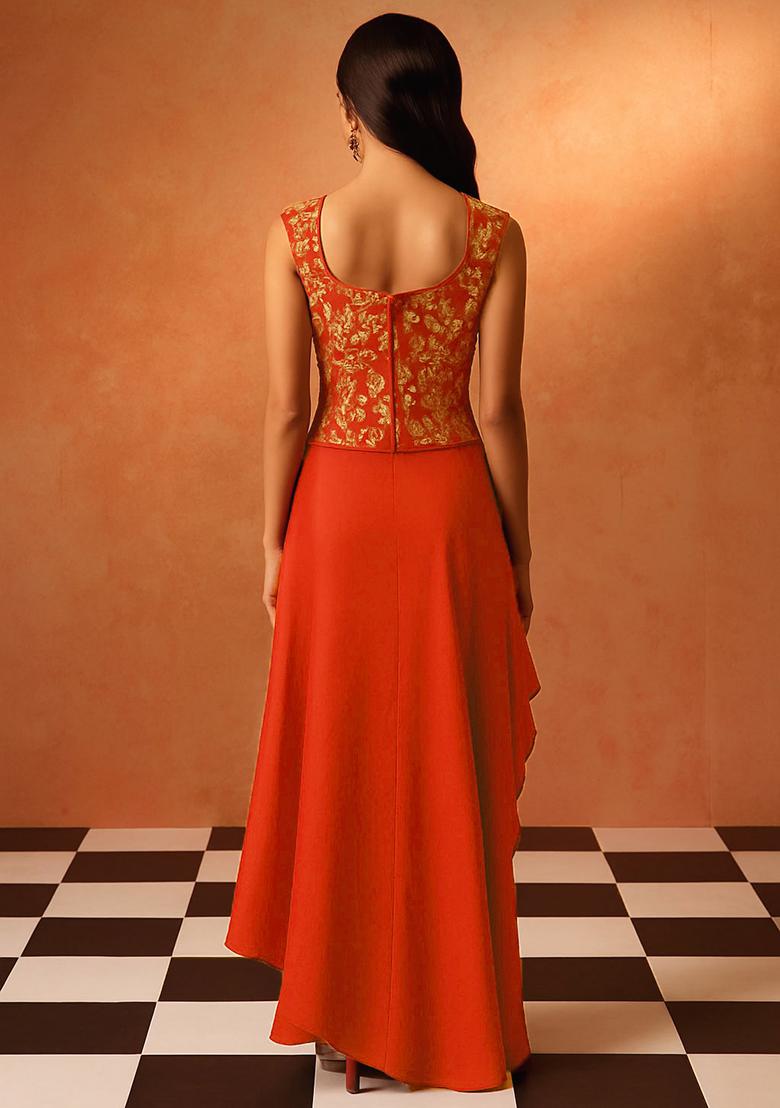 Red Embroidered Georgette Fusion Set - Indya