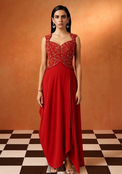 Red Embroidered Georgette Fusion Set