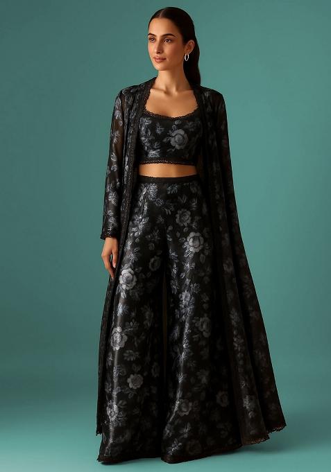 Black Organza Floral Printed Fusion Set