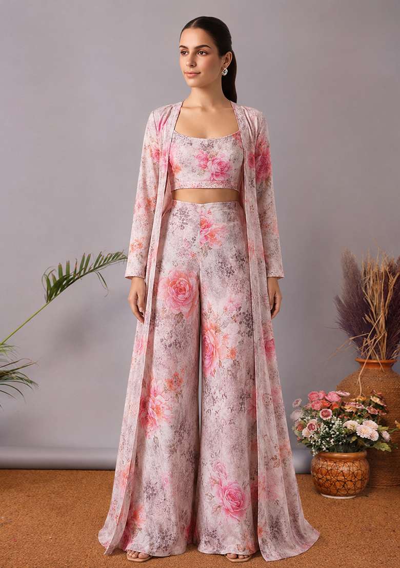 Pink Organza Floral Printed Fusion Set - Indya