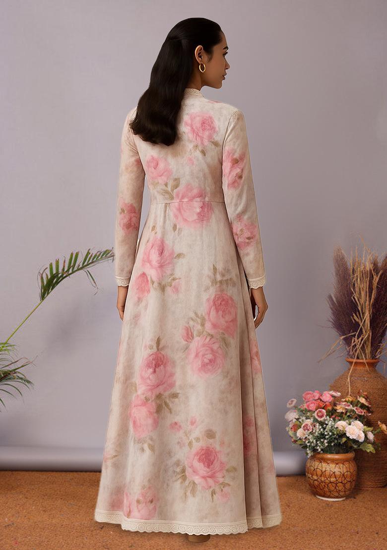 Pink Organza Floral Printed Fusion Set - Indya