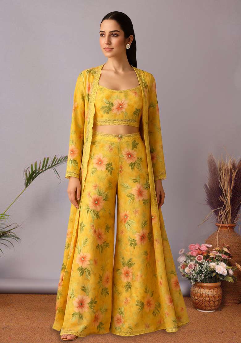 Yellow Organza Floral Printed Fusion Set - Indya