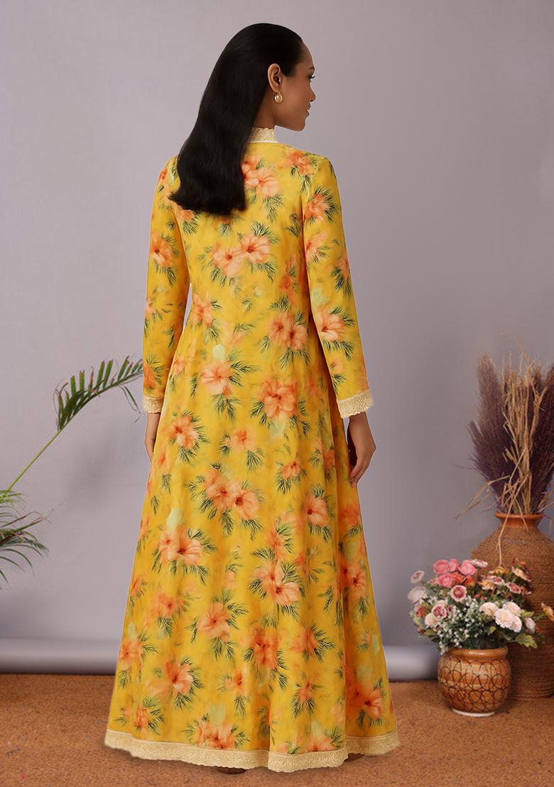 Yellow Organza Floral Printed Fusion Set - Indya