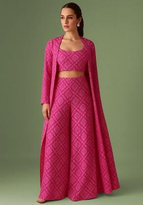 Fuchsia Pink Chinon Bandhani Printed Fusion Set