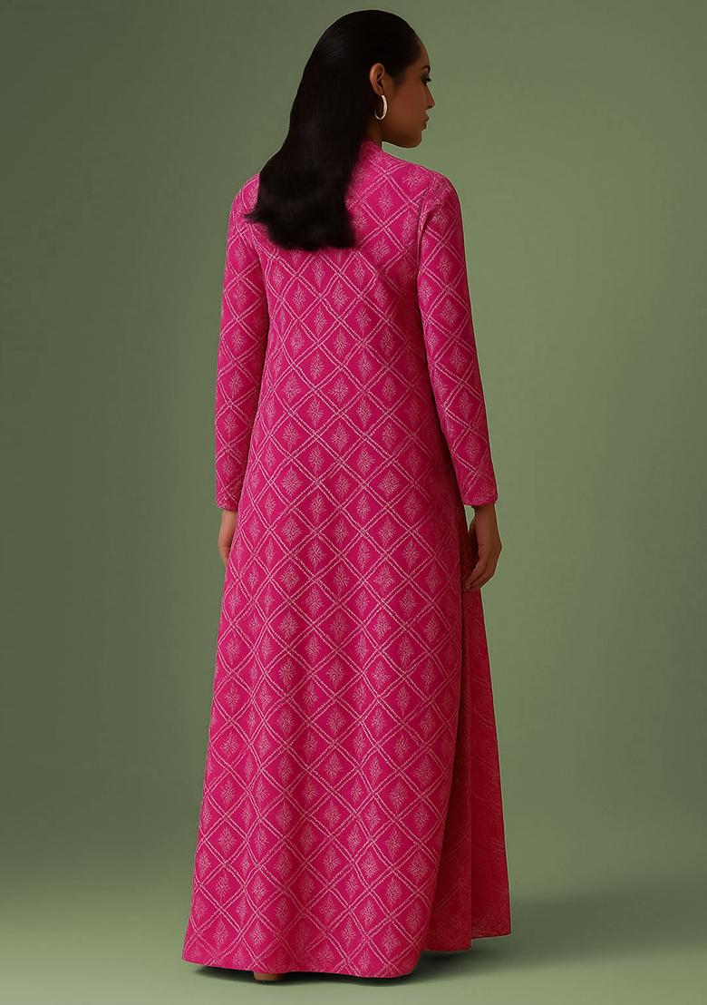 Fuchsia Pink Chinon Bandhani Printed Fusion Set - Indya