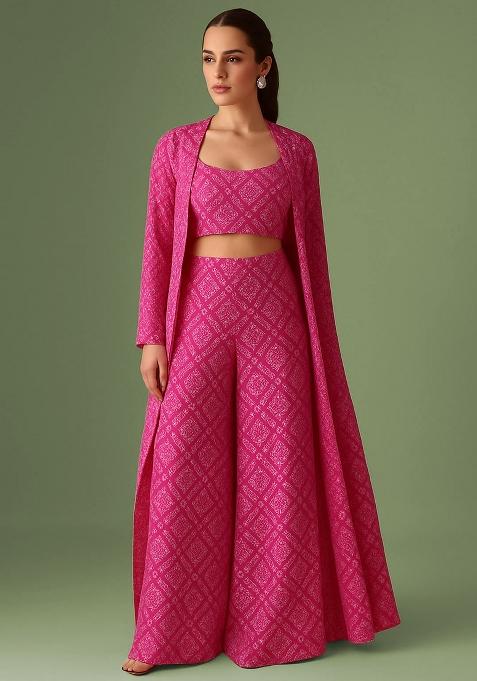 Fuchsia Pink Chinon Bandhani Printed Fusion Set
