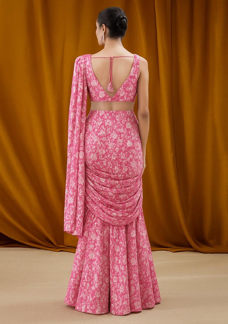 Pink Georgette Floral Printed Fusion Set - Indya