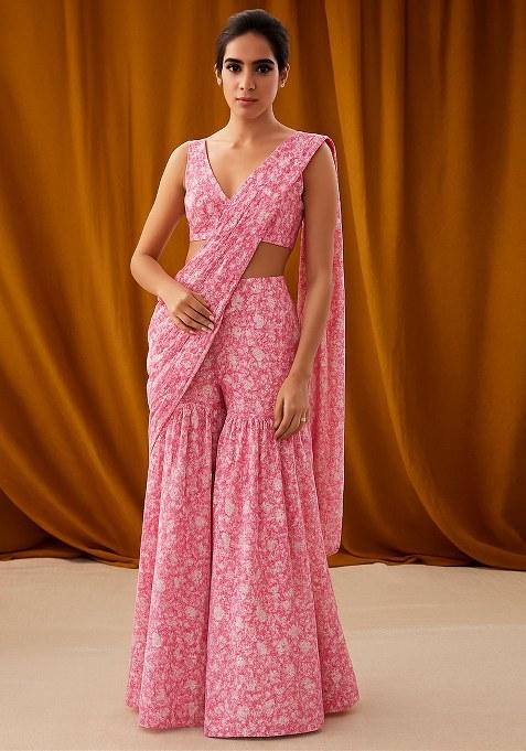 Pink Georgette Floral Printed Fusion Set