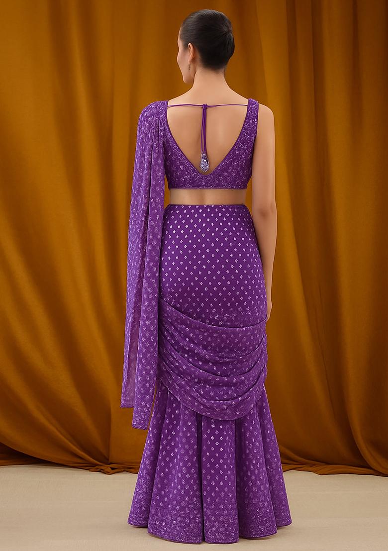 Purple Georgette Bandhani Printed Fusion Set - Indya