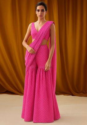 Hot Pink Georgette Bandhani Printed Fusion Set