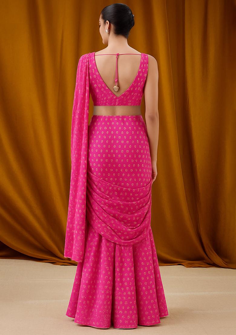 Hot Pink Georgette Bandhani Printed Fusion Set - Indya