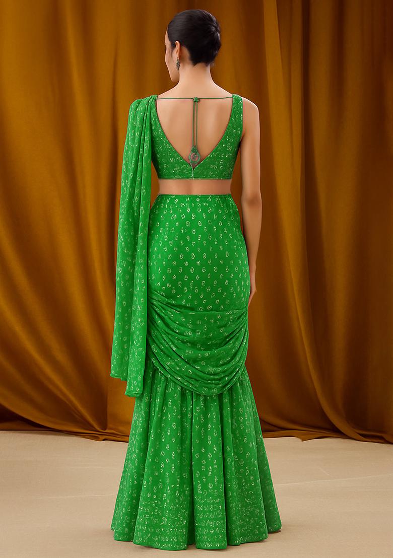 Green Georgette Bandhani Printed Fusion Set - Indya