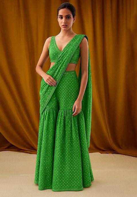 Green Georgette Bandhani Printed Fusion Set