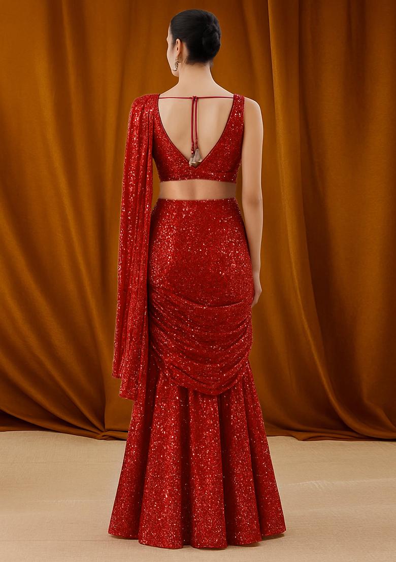 Red Georgette Sequin Fusion Set - Indya