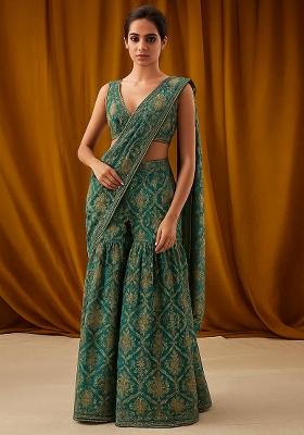 Teal Blue Georgette Sequin Embroidered Fusion Set
