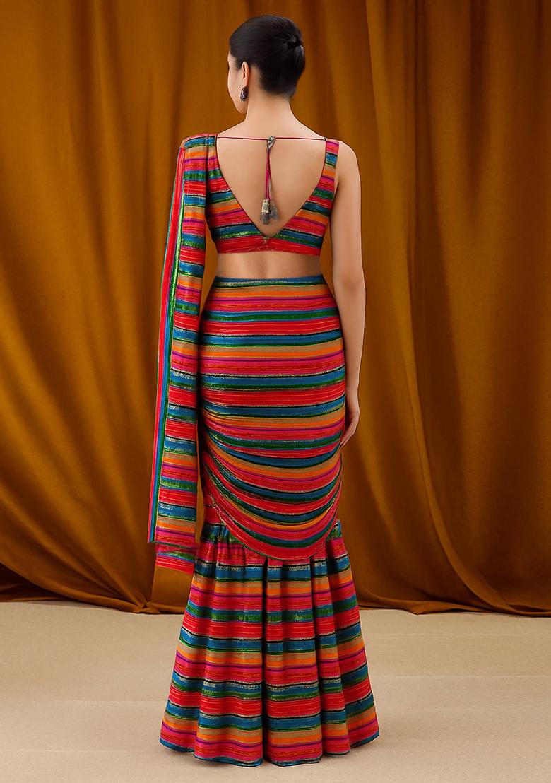 Multicolor Georgette Sequin Embroidered Fusion Set - Indya