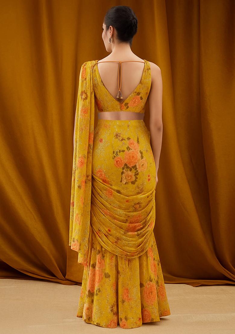 Yellow Georgette Printed Embroidered Fusion Set - Indya