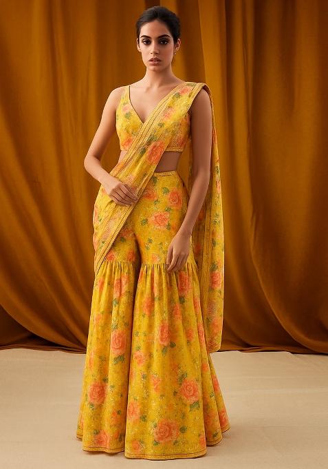 Yellow Georgette Printed Embroidered Fusion Set