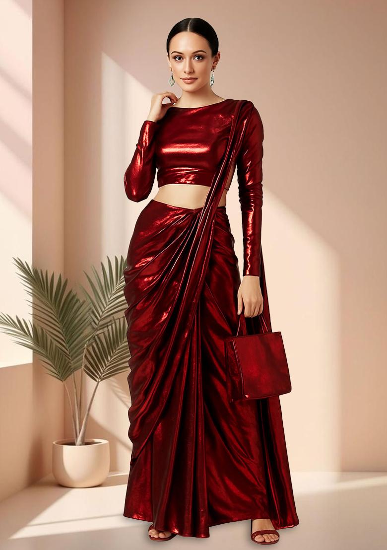 Maroon Chiffon Pre Draped Saree Set