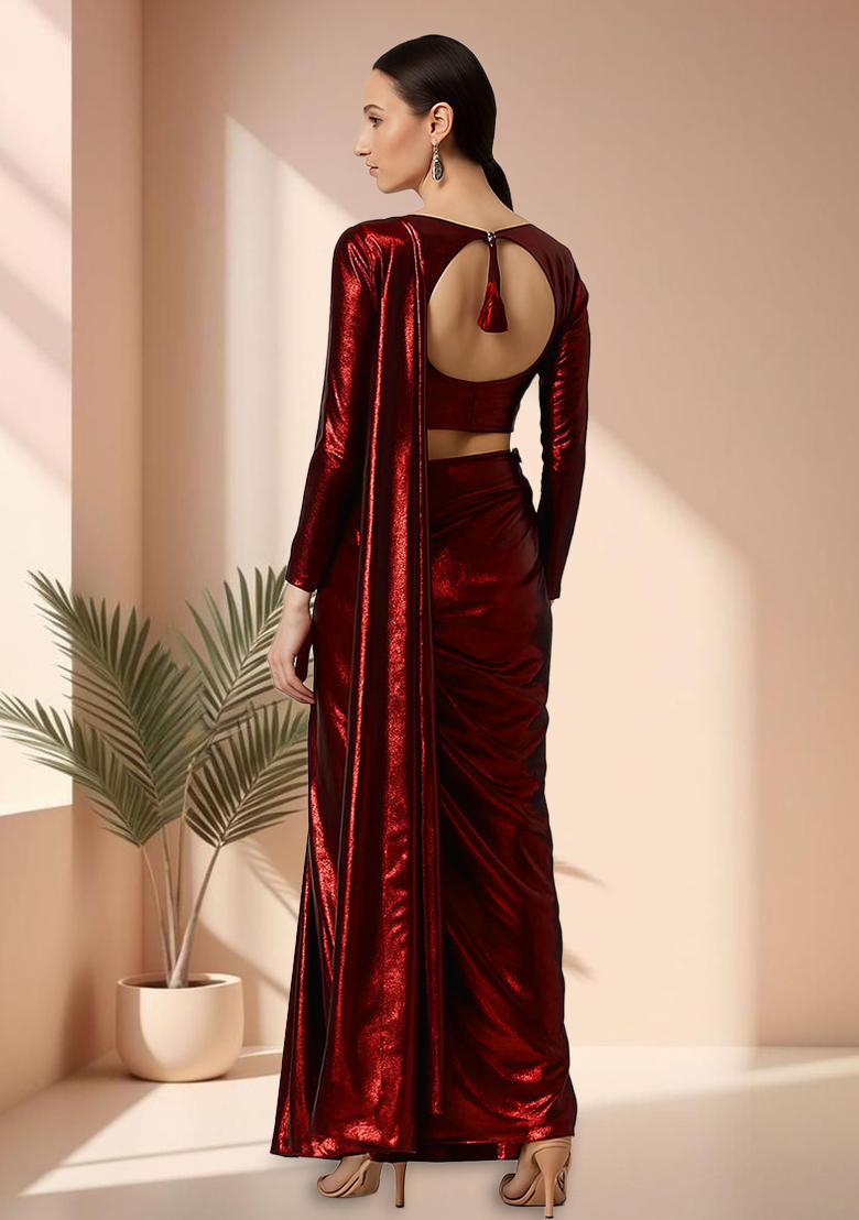 Maroon Chiffon Pre Draped Saree Set
