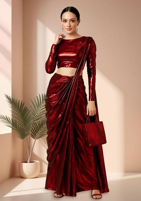 Maroon Chiffon Pre Draped Saree Set