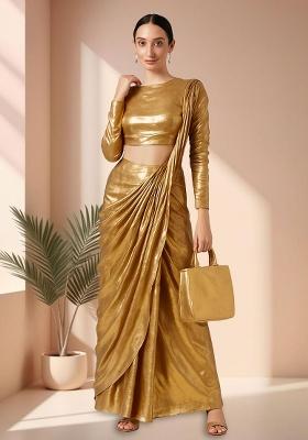 Beige Chiffon Pre Draped Saree Set