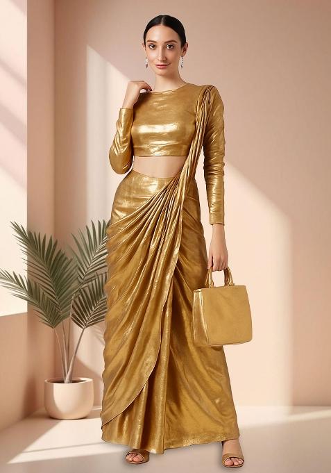 Beige Chiffon Pre Draped Saree Set