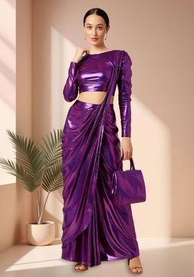 Purple Chiffon Pre Draped Saree Set