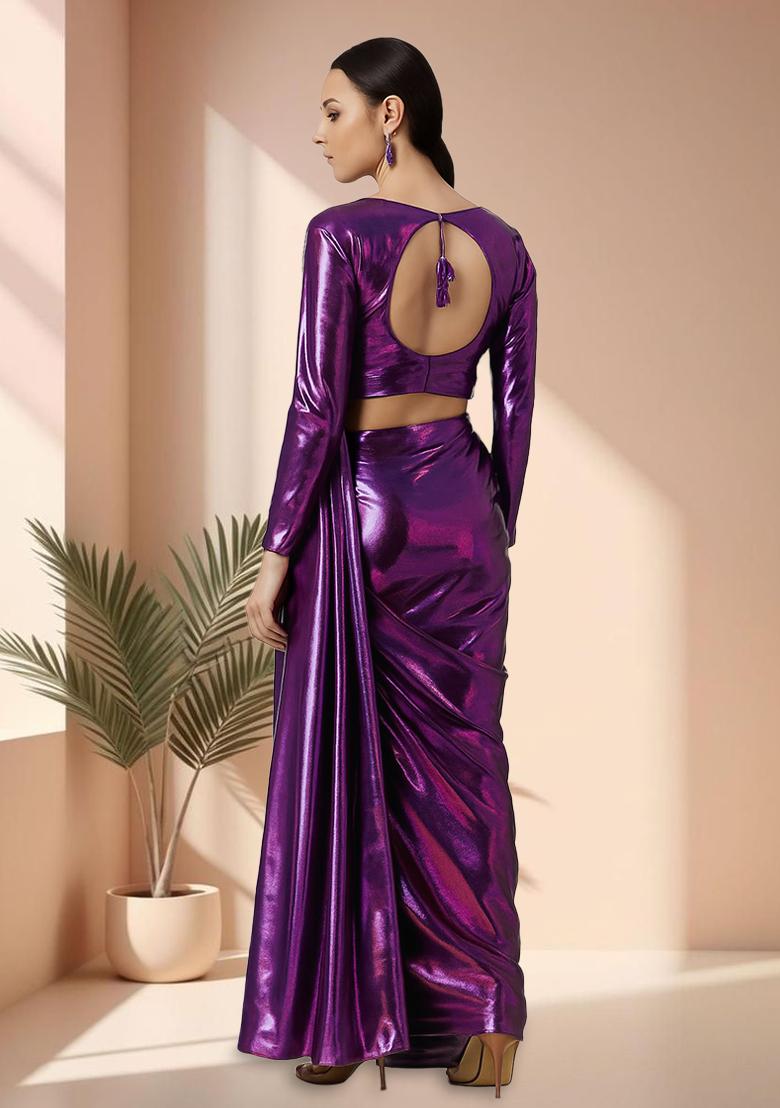 Purple Chiffon Pre Draped Saree Set - Indya