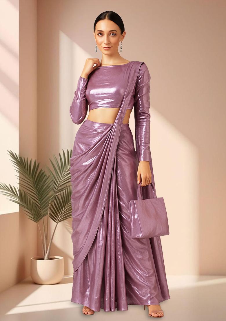 Lavender Chiffon Pre Draped Saree Set
