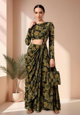 Green Chinon Printed Embroidered Pre Draped Saree Set