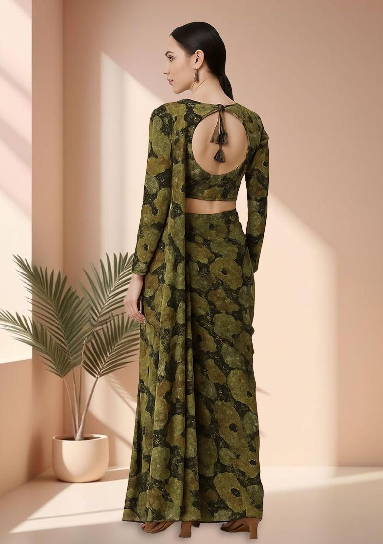Green Chinon Printed Embroidered Pre Draped Saree Set - Indya