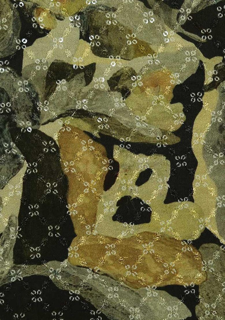 Green Chinon Printed Embroidered Pre Draped Saree Set - Indya