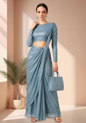 Sky Blue Chiffon Pre Draped Saree Set