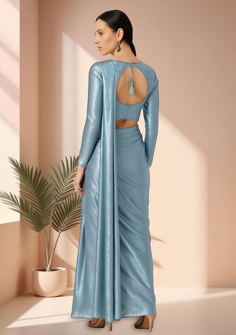 Sky Blue Chiffon Pre Draped Saree Set - Indya