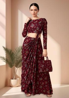 Wine Chiffon Floral Printed Pre Draped Saree Set
