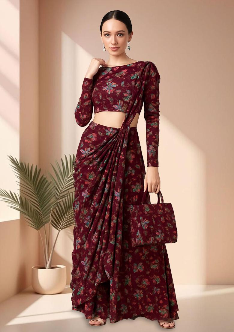 Wine Chiffon Floral Printed Pre Draped Saree Set