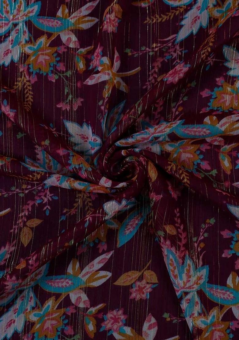 Wine Chiffon Floral Printed Pre Draped Saree Set