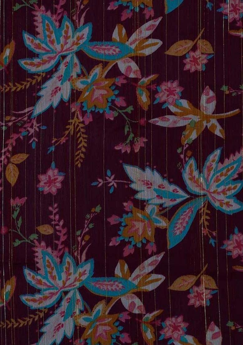 Wine Chiffon Floral Printed Pre Draped Saree Set