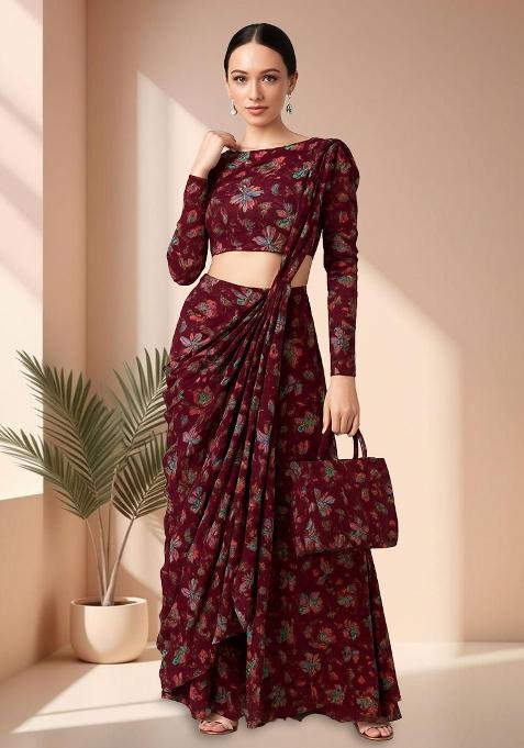 Wine Chiffon Floral Printed Pre Draped Saree Set
